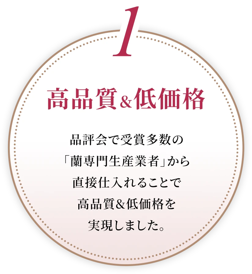 1⾼品質＆低価格 品評会で受賞多数の「蘭専⾨⽣産業者」から直接仕⼊れることで⾼品質&低価格を実現しました。