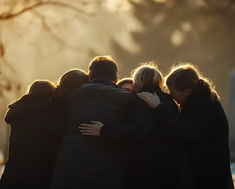 肩を抱き合って悲しみを分かち合う人々