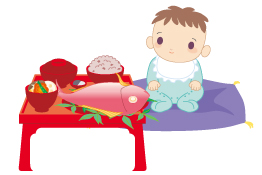 お食い初めの赤ん坊